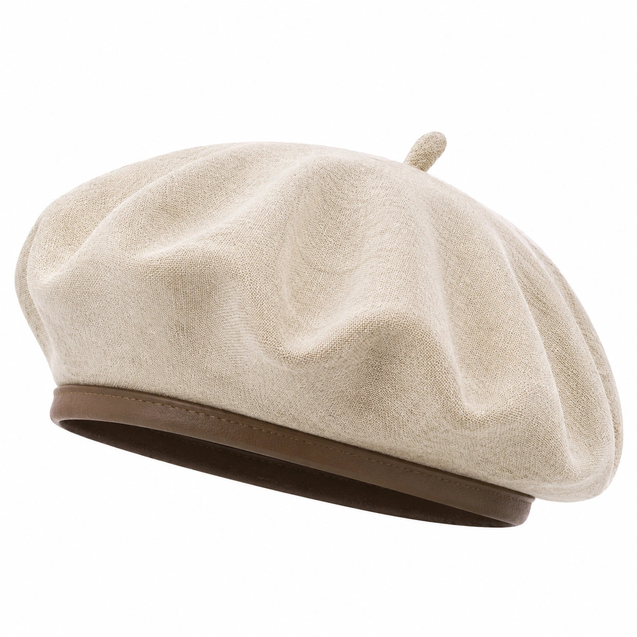 Baskenmütze Einheitsgröße aus Textil in Beige mit Kunstlederrand für Damen und Herren