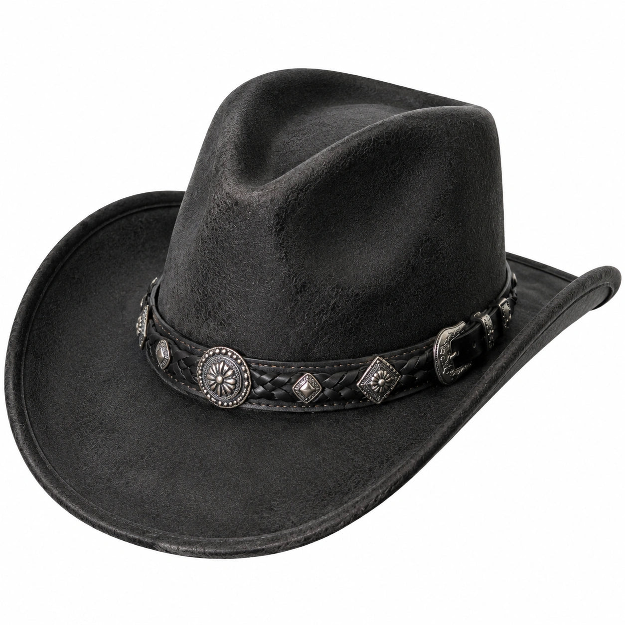 Cowboyhut Einheitsgröße aus Kunstleder Schwarz mit Zierband im Westernstil
