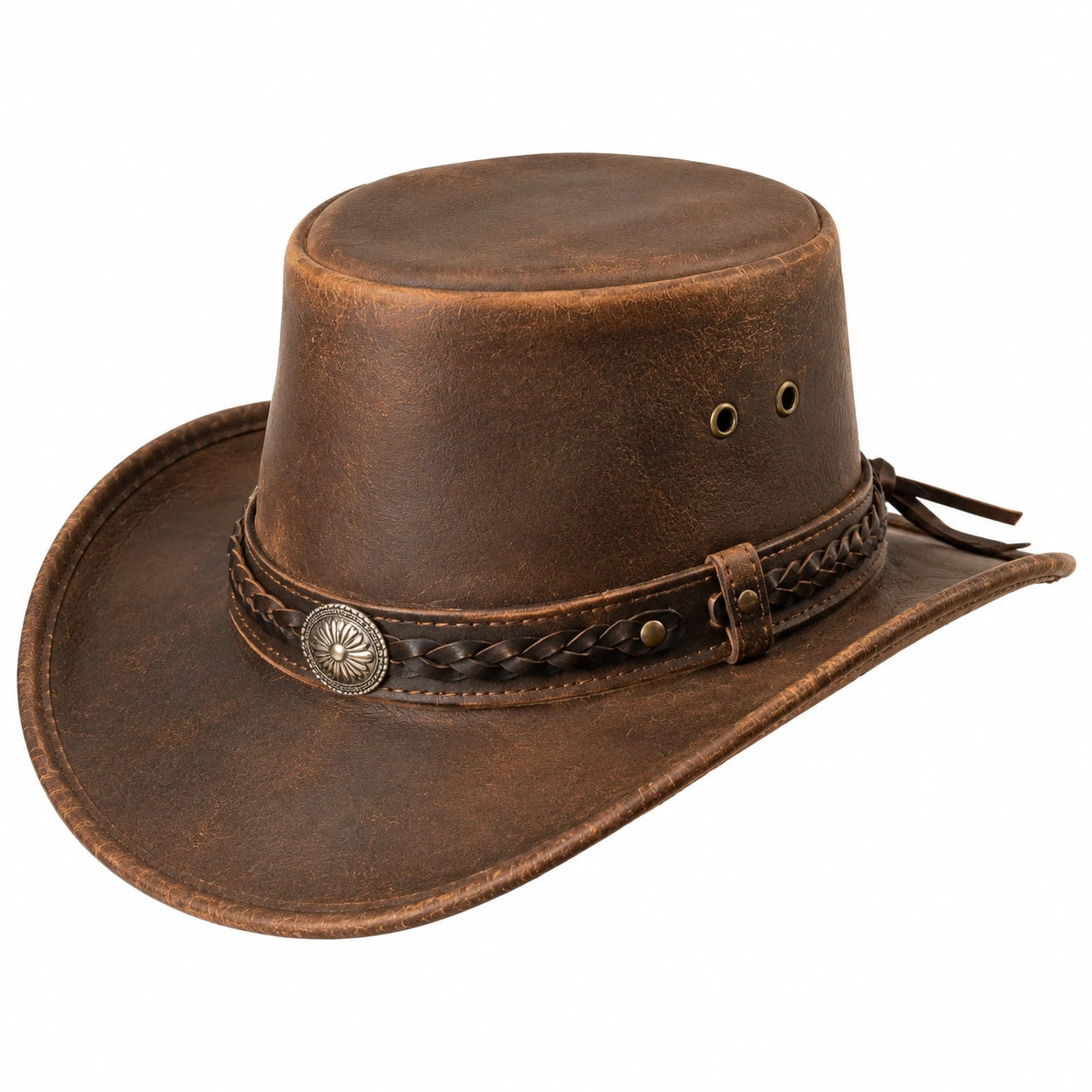 Cowboyhut Einheitsgröße in Braun Lederoptik mit geflochtenem Band