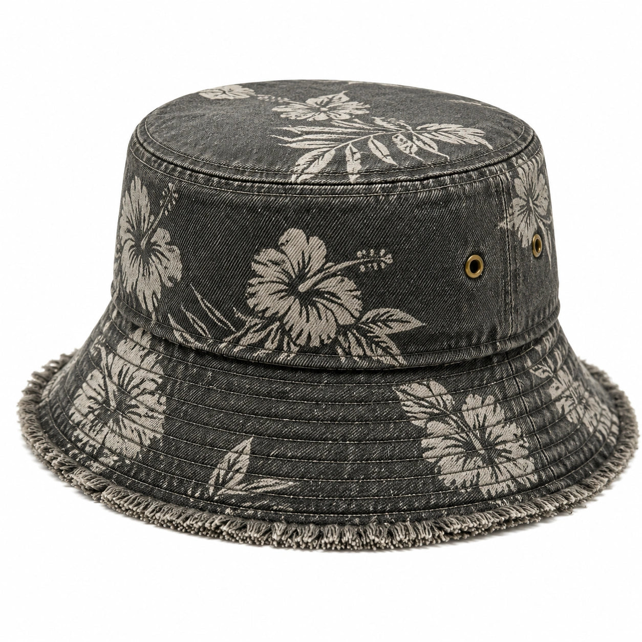 Bucket Hat Einheitsgröße Dunkelgrau Baumwolloptik mit Blumenmuster Fransensaum