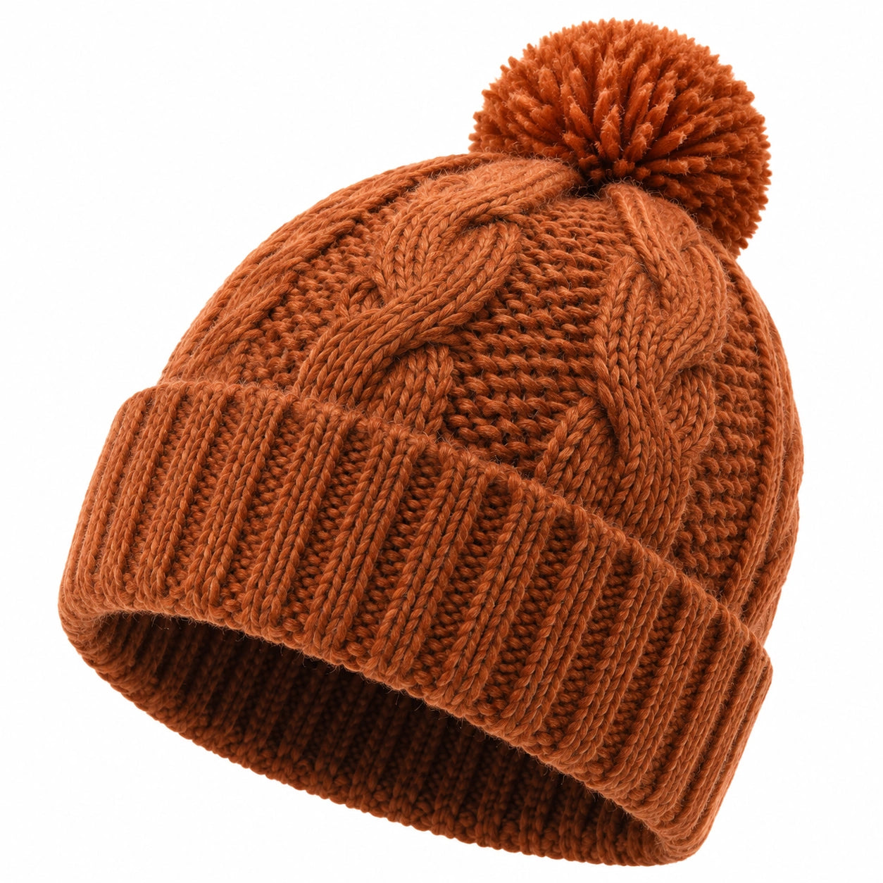 Strickmütze Einheitsgröße Rostbraun mit Bommel Zopfmuster für kalte Tage