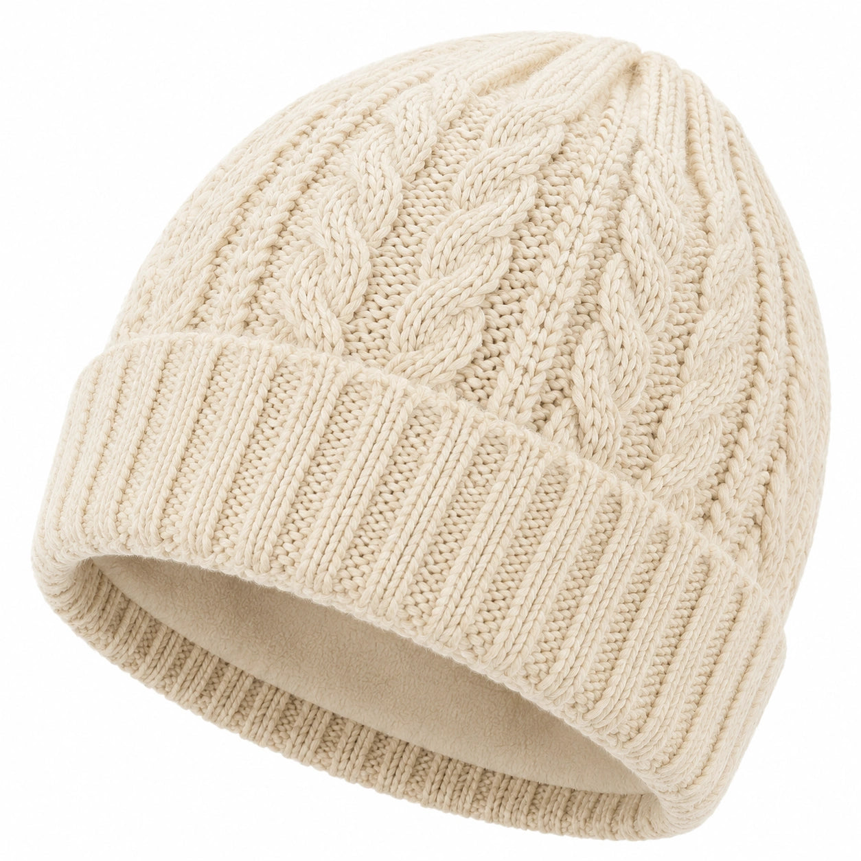 Strickmütze Einheitsgröße Creme mit Zopfmuster und Fleecefutter